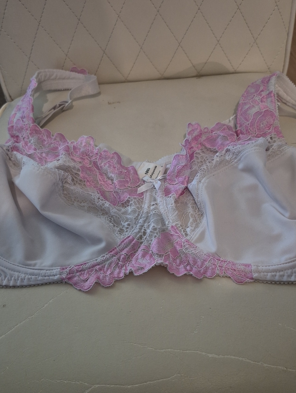 Lace Accent Underwire Bra - White with Pink Trim